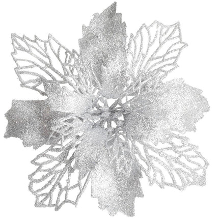 DearHouse 20Pcs Christmas Poinsettia Flowers with 20pc Sticks, Artificial Flowers Glitter Poinsettia Christmas Wreath Christmas Tree Ornaments for Christmas Decorations (Silver)