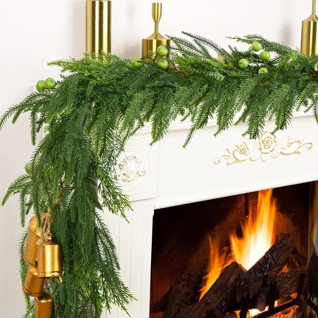 Christmas Garland Decorations, 5.9 FT Norfolk Pine Garland Cedar Garland with Berries, Real Touch Garland Christmas Decorations Pine Garland for Mantle Indoor Outdoor Table Door Christmas Decor