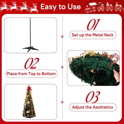 6 ft Christmas Tree Pop up Pre lit Christmas Tree with Lights Artificial Prelit Decorated Holiday Pull up Xmas Tree with Red and Gold Decorations Easy Assembly for Xmas Home Fireplace Decor