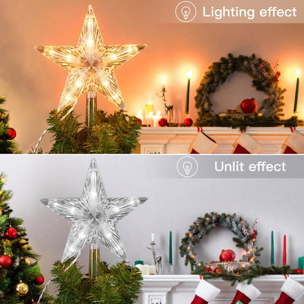Christmas Tree Topper Lighted Star with Built-in 10 Replaceable Bulbs, 9.5” Clear Five-Pointed Star Tree Topper Plug in for Indoor Office Xmas Year Holiday Tree Decoration, Warm White