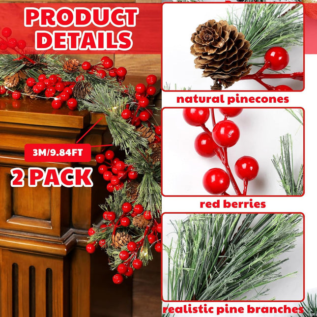 Riceshoot 2 Pcs Christmas Garlands Total 19.68 ft, Smokey Pine Garland with Red Berry Pine Cone, Christmas Greenery Garland for Xmas Home Indoor Party Outdoor Staircase Railing Banister