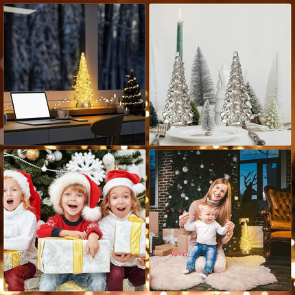 2 Pcs 12.6 Inch Lighted Glass Christmas Tree Figurine Battery Operated Glass Christmas Tree Silver Glass Lighted Christmas Tree Glass Tabletop Xmas Tree Decoration for Fireplace Mantel