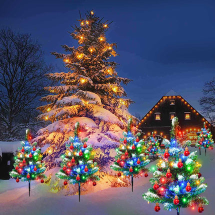 Homeleo d 4 Packs Solar White Christmas Tree Outdoor, Waterproof 80 LED Xmas Pathway Lights, Small Prelit Snowflake Christmas Tree with Red Ball Ornaments for Christmas Decorations Outdoor Yard