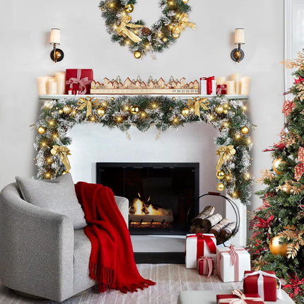 Christmas Garland with Lights, 6FT Garland with LED Lights, Battery Operated, Gold Bows and Ball Ornament, Artificial Pine Cones for Christmas Decorations and Holiday Mantle Decor