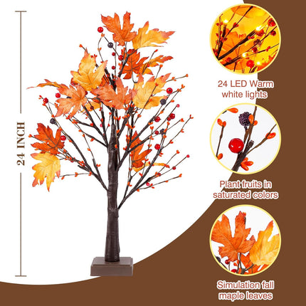 24 Inch 24 LED Artificial Fall Lighted Maple Tree Lighted Fall Tree with Timer Battery/USB Operated, Fall Decor for Autumn Thanksgiving Harvest Fall Home Indoor