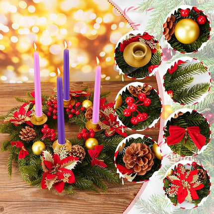 Tioncy 17 Inch Christmas Advent Wreath Candle Holder Christmas Table Centerpiece Decoration Advent Candle Holder Wreath with Pine Cones Holly Berries Stem Bow Tie for Winter Church Decor Supplies