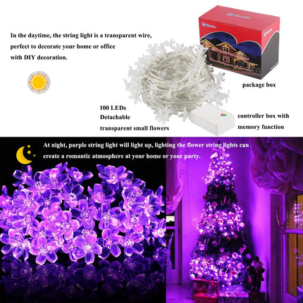 FULLBELL String Lights, Purple Lights Room Decor Flower String Lights 33 Feet 100LED 8 Modes Wedding Party Indoor Outdoor Flower Lights LED Lights for Bedroom Birthday Decorations (Purple)