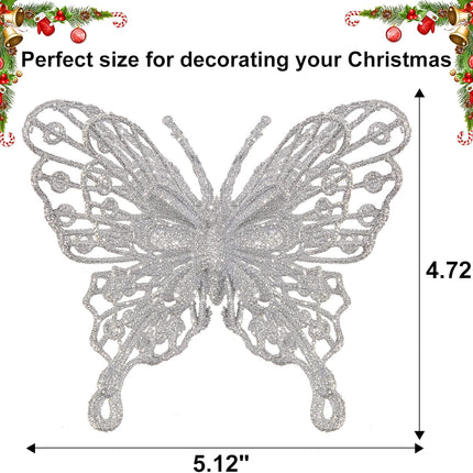 12 PCS Glitter Butterfly Christmas Tree Ornaments, Hollow-Out Butterfly Christmas Decoration with Clips, Craft Xmas Ornaments, Christmas Tree, Wreath, Garland, Home Decorations, Silver