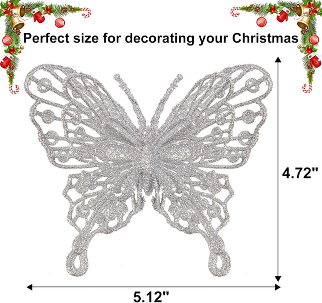 12 PCS Glitter Butterfly Christmas Tree Ornaments, Hollow-Out Butterfly Christmas Decoration with Clips, Craft Xmas Ornaments, Christmas Tree, Wreath, Garland, Home Decorations, Silver