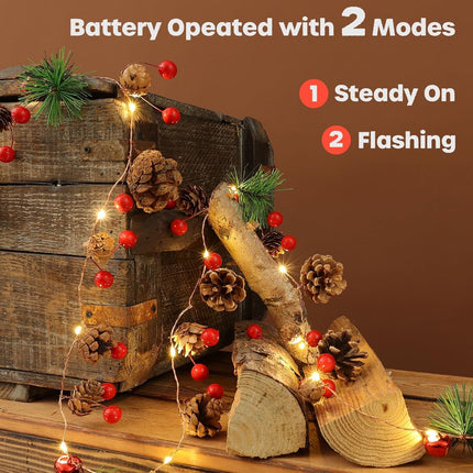 Christmas Garland with Lights, 6.6FT Pinecones Christmas String Lights with Red Berries, Bells & Needles, 20 LED Battery Operated Prelit Garland for Indoor/Outdoor Christmas Decorations (Warm White)