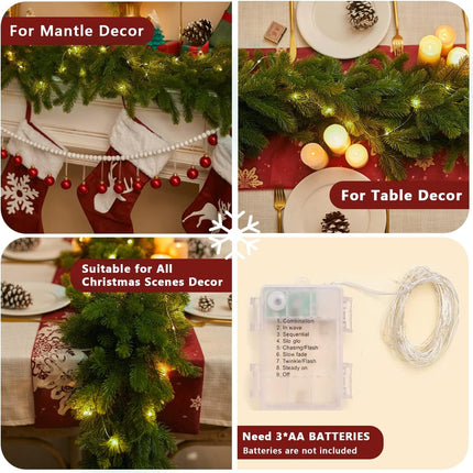 6FT Christmas Garland PARTY JOY Pine Garland with 9.8FT LED Lights String, Greenery Plant for Christmas Decorations Table Mantle Background Wall Room Outdoor Indoor Winter Decoration