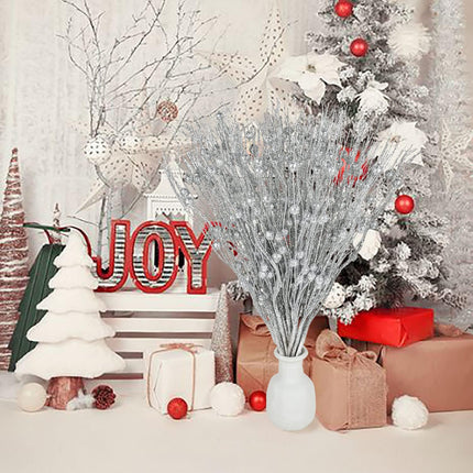 Lvydec 22pcs Christmas Glitter Berries Stems Clearance, 17" Artificial Christmas Picks for Christmas Tree Ornaments, DIY Xmas Wreath, Crafts, Holiday and Home Decor (Silver)