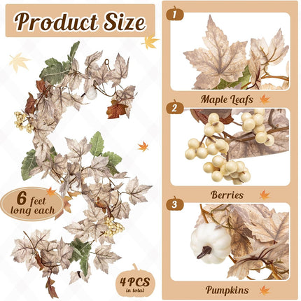 Riceshoot 4 Pcs Thanksgiving Garland 6 ft Fall Leaves Garland with White Pumpkins Autumn Maples Berry Garland Christmas Halloween Fall Mantel Decor for Home Outdoor Indoor
