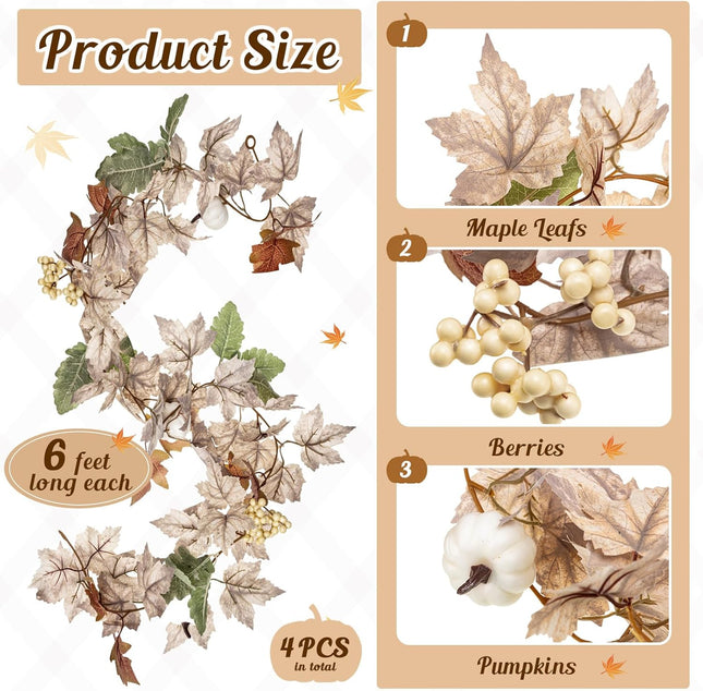 Riceshoot 4 Pcs Thanksgiving Garland 6 ft Fall Leaves Garland with White Pumpkins Autumn Maples Berry Garland Christmas Halloween Fall Mantel Decor for Home Outdoor Indoor