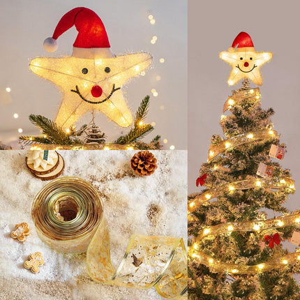 Christmas Tree Star Topper: 16.4ft Christmas Tree Ribbon Lights and Smiley Star Tree Topper with Santa Hat - Glowing Christmas Decorations for Christmas Trees