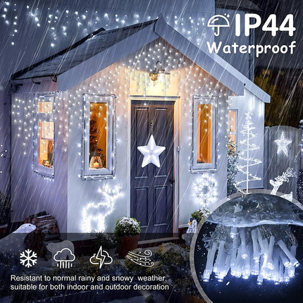 300 LED Christmas Icicle Lights Outdoor, 8-Mode Solar Icicle Lights Led Fairy Curtain Lights for Wedding Party Holiday Christmas Decorations(White)