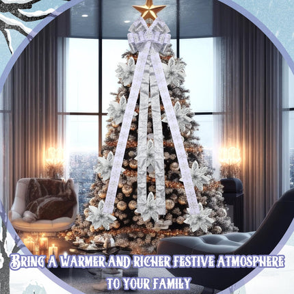 Yinkin Christmas Tree Topper Bow Set 10'' x 13'' Large Velvet Bow with Long Streamers Sun Flower Shape Bow with 12 Pcs 5.5 Inch Artificial Poinsettia Flowers for Xmas Indoor Party Decor (Silver)