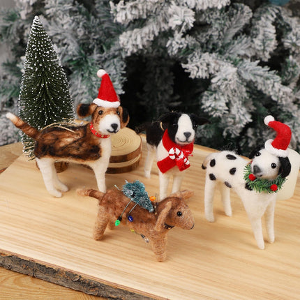 Juegoal Christmas Felt Dogs Ornaments Set of 4, Xmas Wool Puppy Hanging Decor, Felt Animal Crafts Woodland Cute Christmas Tree Wreath Decor for Home Party Supplies