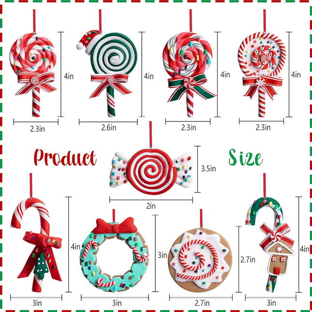 moonoom 9pcs Christmas Lollipop Ornament,Christmas Candies Polymer Clay Ornament,Xmas Decor Candy Cane Hanging Decorations,Sweets Candy Pendant Xmas Tree Party Supplies (Lollipop)