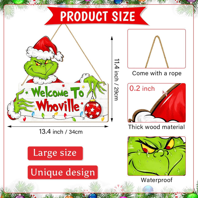 Christmas Door Sign Decorations, Welcome to Whoville Wreath for Front Door, Merry Grinchmas Wooden Ornaments Wall Door Hanger for Xmas Party Christmas Tree Winter Home Yard Holiday Decor