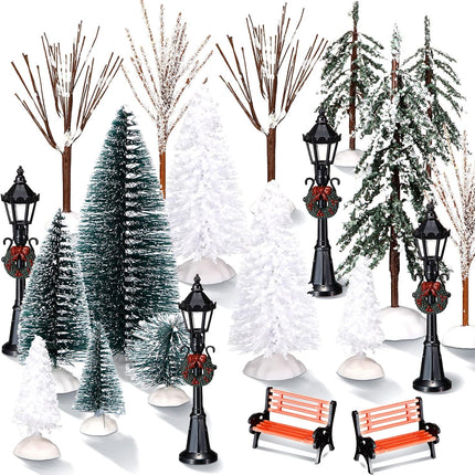Aoriher 28 Pieces Christmas Mini Artificial Decor Village Tree Set 22 Frosted Christmas Pine Trees and Snow Covered Village Trees 4 Xmas Street Lamp Post and 2 Miniature Park Bench Seat for Christmas