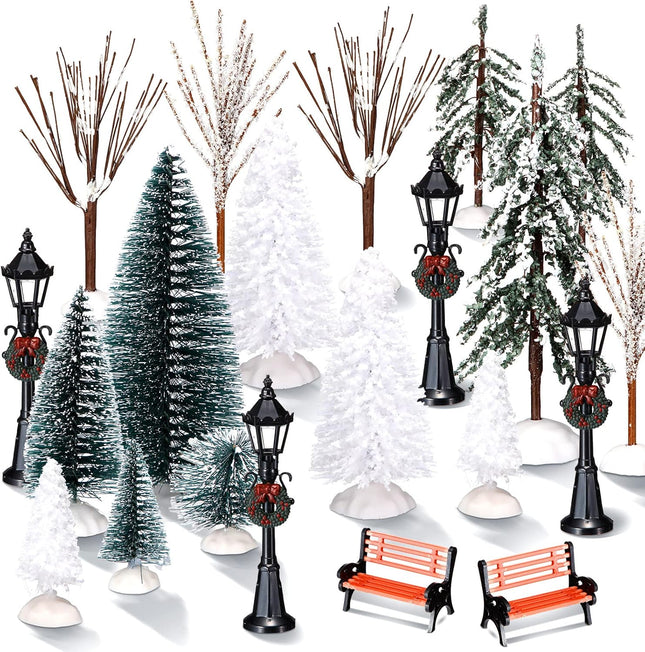 Aoriher 28 Pieces Christmas Mini Artificial Decor Village Tree Set 22 Frosted Christmas Pine Trees and Snow Covered Village Trees 4 Xmas Street Lamp Post and 2 Miniature Park Bench Seat for Christmas