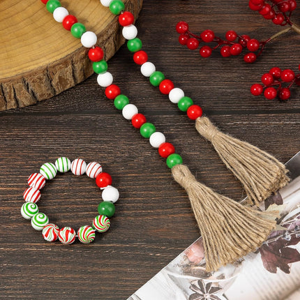 300 Pcs Christmas Wooden Beads Xmas DIY Craft Wood Beads Candy Cane Swirl Beads Red Green White 16mm Round Beads for Christmas Garland Jewelry Making Party Home Tree Decoration with Rope and Tassels