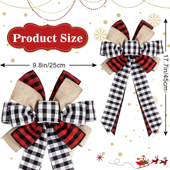 Whaline 3Pcs Christmas Bow Tree Topper Buffalo Plaid Xmas Large Bow Red Black White Handmade Decorative Bow for Christmas Tree Wreath Crafts DIY Bow Year Outdoor Decoration Festival Holiday Party