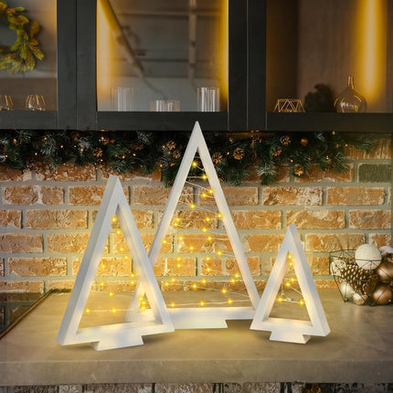 Set of 3 Tabletop Wood Christmas Tree with Lights, Lighted Wooden Triangle Christmas Trees with Remote Timer Farmhouse Holiday Xmas Tree Decorations for Home Fireplace Mantle Decor (White)