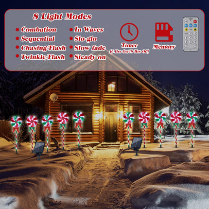 6 Pack 27.5" Christmas Lollipop Pathway Lights with Bows Outdoor Green Red White Solar Lights Christmas LED Decor with 8 Lighting Modes Candy Cane Lollipops Peppermint Stake Lights