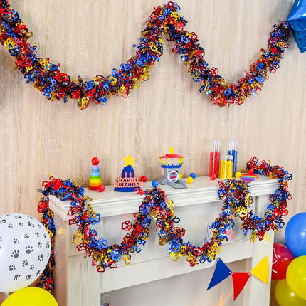 Dog Paw Tinsel Garland, 26.24 FT Gold Red and Blue Dog Paw Metallic Tinsel Twist Garland Shiny Hanging Decoration for Birthday Wedding Christmas Pride Month Parade Floats Home Indoor Outdoor
