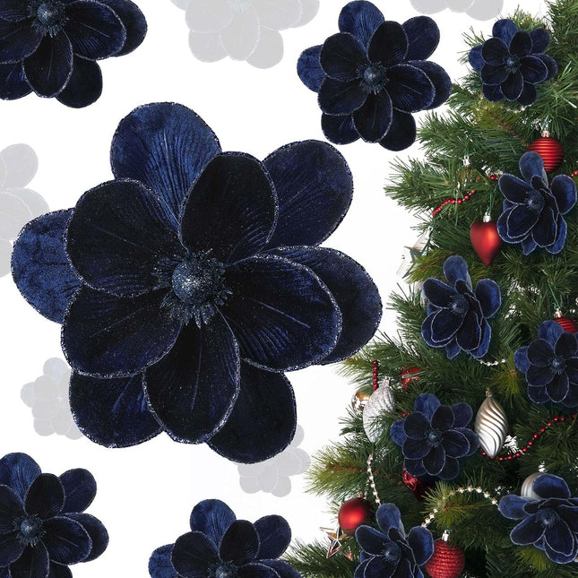 12 Pcs Christmas Velvet Poinsettia Burgundy Magnolia Flowers Ornaments Glitter Large Heads Artificial Magnolia Flowers for Christmas Tree Decorations Wedding Decor Supplies (Dark Blue)