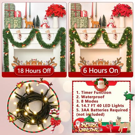 Christmas Garland Decorations-14.7 FT Christmas Green Garland with Lights, Fluffy Soft Greenery Lighted Christmas Garland for Mantle, Christmas Tree Garland Decor with Christmas Bows Balls