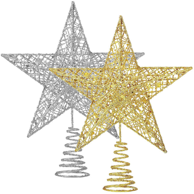 2 Pack Christmas Tree Star Topper, Gold and Silver Glittered Metal Christmas Glitter Star Ornament Treetop Decoration Fit for General Size Christmas Tree - 6 Inches