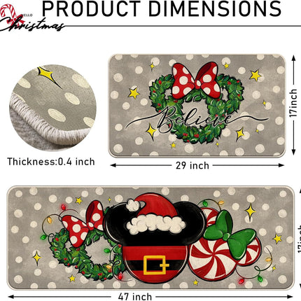 Christmas Believe Santa Mouse Kitchen Rugs Set of 2, Xmas Wreath Peppermint Candy Kitchen Mats Decor, Polka Dot Winter Holiday Door Mat Home Decorations -17x29 and 17x47 Inch