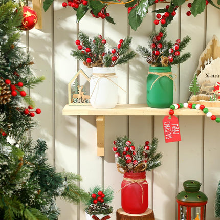 13 Pcs Christmas Mason Jar Table Centerpiece Artificial Red Berry Arrangement with Faux Pine Koob Ceg and Christmas Beaded Garland for Christmas Winter Tiered Tray Table Decor