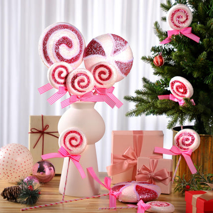 Wettarn 12 Pieces Christmas Tree Picks Christmas Candy and Lollipop Pick Striped Christmas Decorations Candy Tree Topper for Xmas Tree Craft Home Holiday Party Decor (Pink)