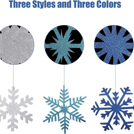 3 Pieces Snowflake Glittery String Garland White Blue and Light Blue Snowflake Banner Snowflake Hang Decoration for Christmas Holiday Party, Winter Carnival, Ice-and-Snow Themed Gatherings