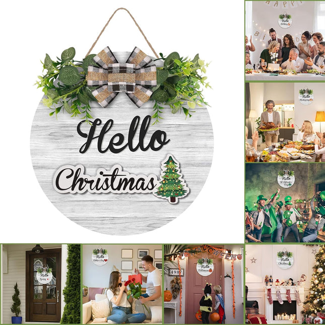 Interchangeable Wooden Seasonal Hello Sign, Rustic Round Welcome Front Door Wreaths for Home/Wall/Porch Decor, for Easter Spring Summer Fall Halloween Christmas All Season Decorations.