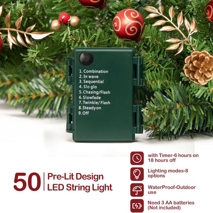 9FT Christmas Garland Prelit with Battery Operated 50 LED Lights, Artificial Xmas Greenery Garland Holiday Decoration Stairs Mantle Door Indoor Outdoor