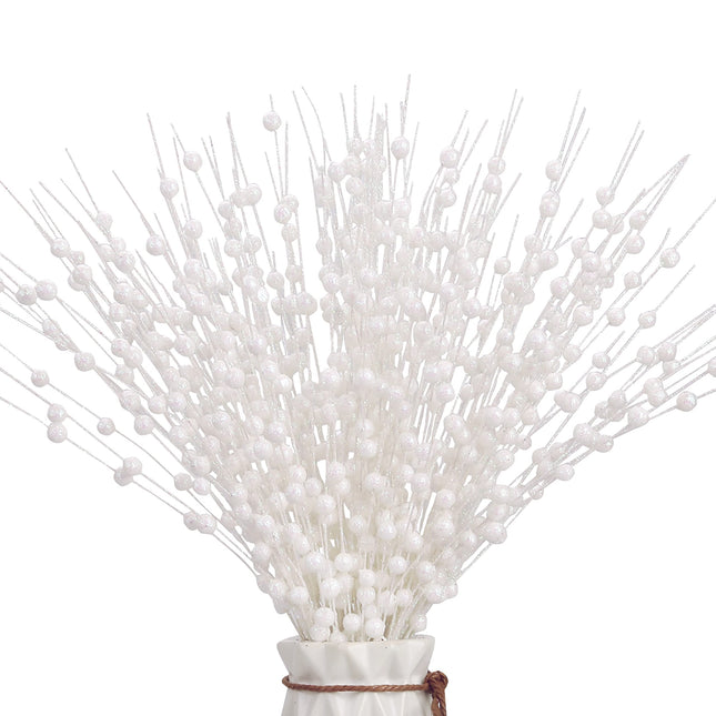 12 PCS Artificial Glitter Berry, White Christmas Glitter Picks Artificial Berries Stems Ornaments Fake Xmas Stem Decorative Sticks for Vases Tall DIY Wreath Home Decor (15.8’’)