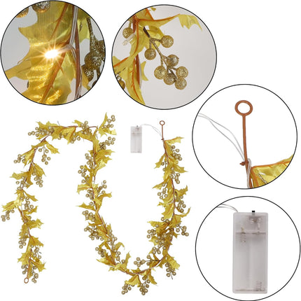 DR.DUDU 2 Pcs 6 FT Gold Berry Christmas Garlands, 20 LED Lighted Artificial Christmas Garland, Flexible Glittered Garlands for Home Indoor Outdoor Xmas Tree Mantle Fireplace Holiday Decorations
