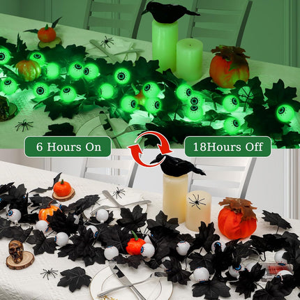 Ouddy Decor Lighted Halloween Garland, Total 10 FT 30 LED Black Maple Leaves Garland with Eyeballs Lights Waterproof Timer Battery Operated for Indoor Outdoor Home Halloween Decorations, Green