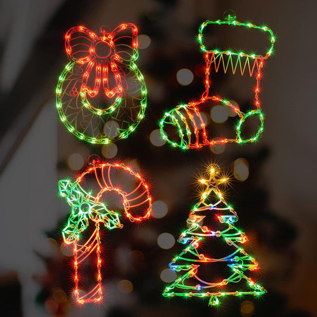 Christmas Window Silhouette Lights, 4 Pack Lighted 16'' Wire Window Decoration LED Lights Set, Extra Length 6.6FT Wire, UL Listed, Candy Cane, Wreath, Stocking, Christmas Tree