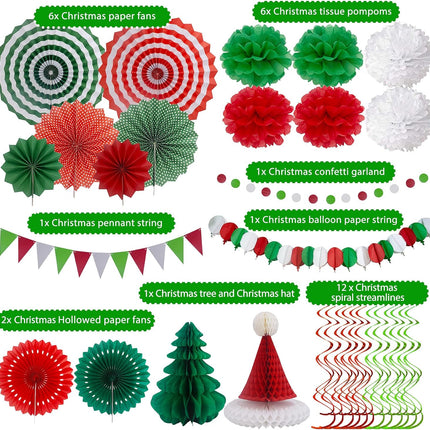 Christmas Party Decoration Festival Set - Huryfox 33pcs Birthday Bunting Decorations Paper Pom Poms Supplies Garland Hanging Honeycomb Balls Suitable for Halloween Garden Indoor Home Décor