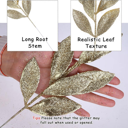 GREENTIME 12 Pack Artificial Light Golden Glitter Leaves 13" Fake Christmas Picks Decorative Glitter Sticks for Vase Christmas Tree DIY Wreath Crafts Fireplace Decor