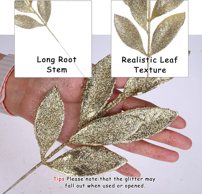 GREENTIME 12 Pack Artificial Light Golden Glitter Leaves 13" Fake Christmas Picks Decorative Glitter Sticks for Vase Christmas Tree DIY Wreath Crafts Fireplace Decor