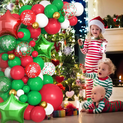 Christmas Balloon Garland Arch Kit, Green Red White Balloon Arch, Star Foil Balloon Christmas Cane Snowflake Christmas Tree Balloon for Christmas Year Party Decorations