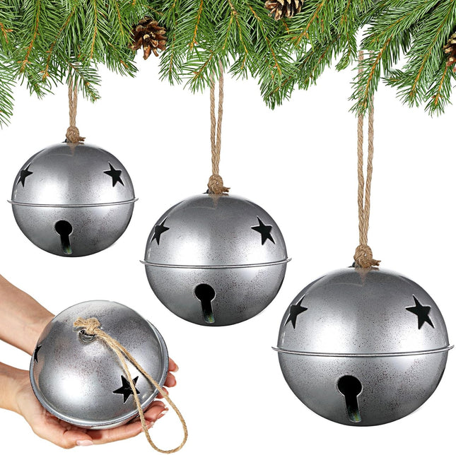 Tandefio Giant Christmas Vintage Bells Christmas Tree Ornaments Set of 5.5" 4.7" 4" H Decorative Bells with Jute Hanging Rope for Christmas Door Knob Home Garden Decor DIY Craft (Silver)