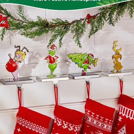Set of 4 Christmas Stocking Holders for Mantle, 2D Metal Christmas Tree Santa Claus Stocking Hangers, Home Xmas Decorations for Fireplace Mantel Table Garland